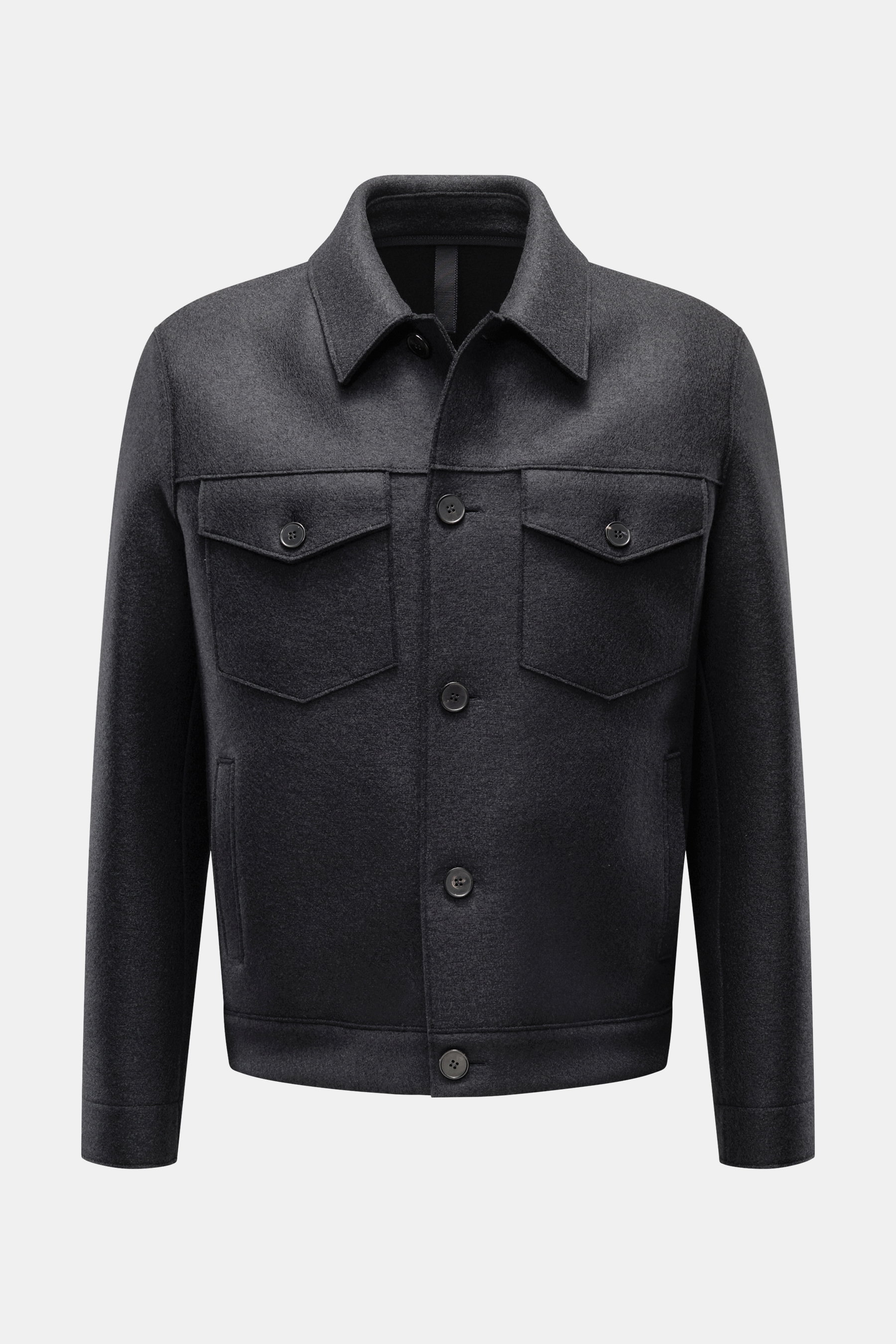 Harris Wharf London Wolljacke navy, frontale Ansicht, kurz geschnitten aus schwerer, reiner gefilzter Schurwolle mit Brust- und Leistentaschen, ungefüttert.