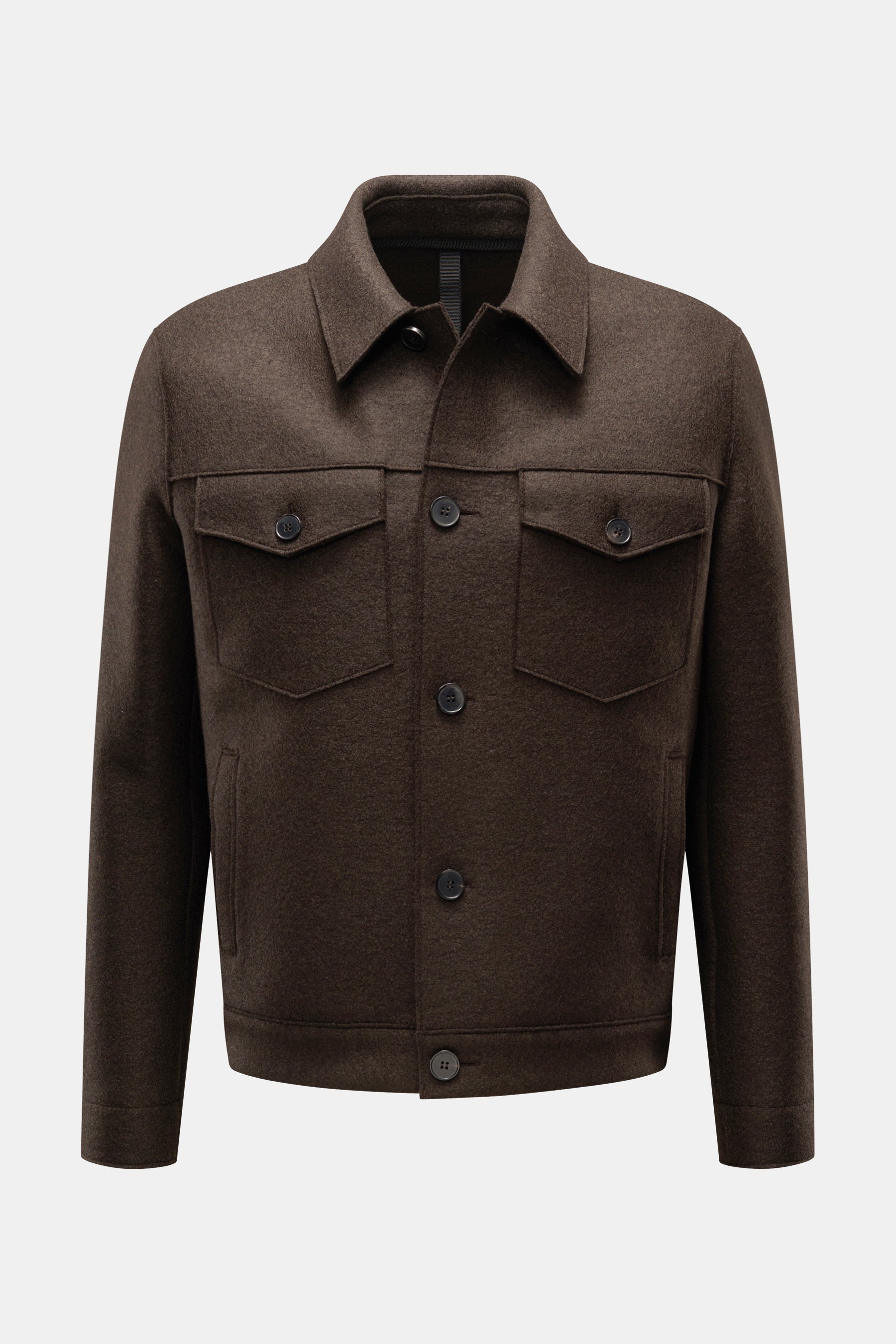 Harris Wharf London Wolljacke dunkelbraun aus gefilzter Schurwolle, ungefüttert, Regular Fit, frontal mit Knopfleiste und Brusttaschen fotografiert.