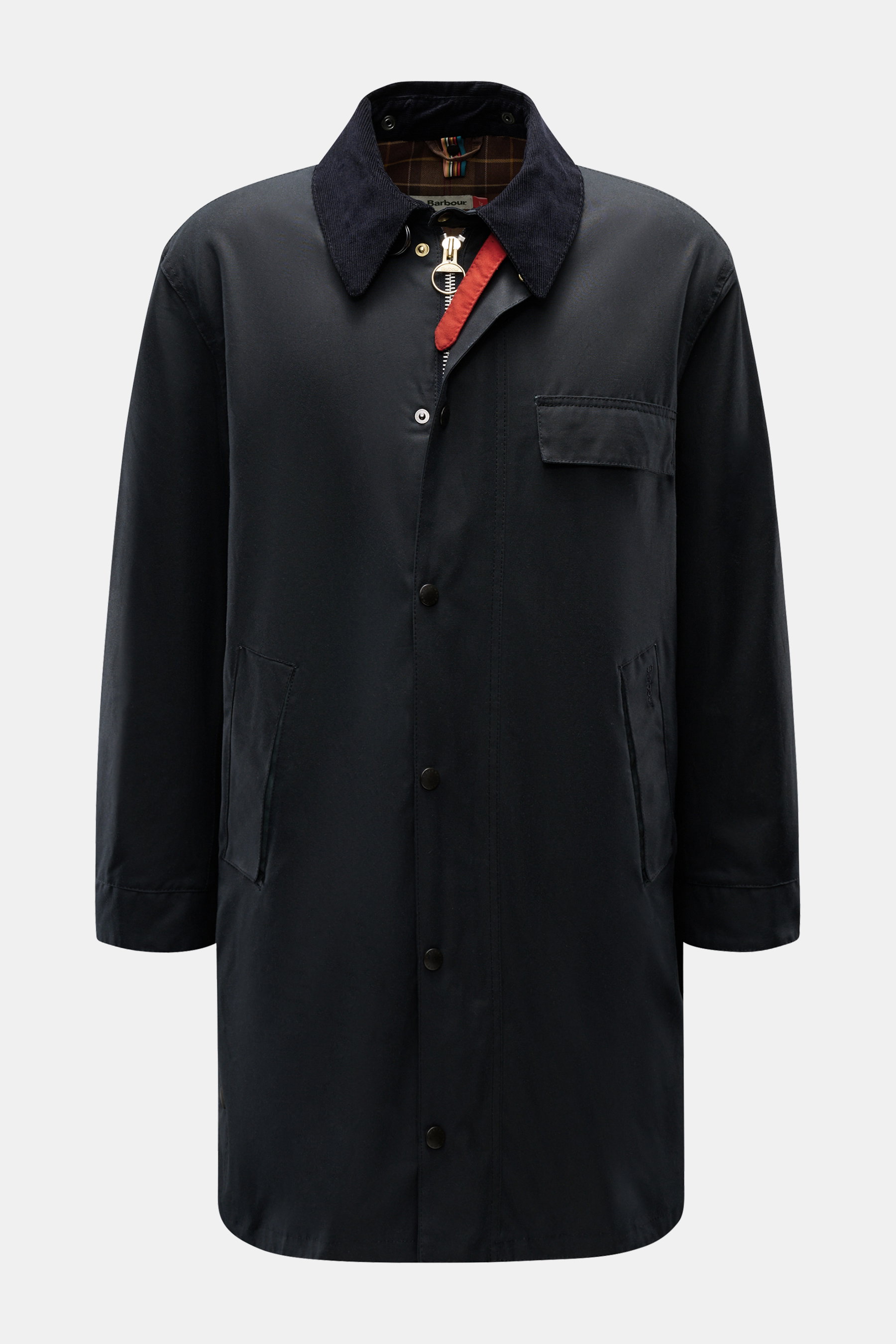 Barbour Wachsparka 'Beeston' navy, frontal fotografiert, gewachste Baumwolle, Slim Fit, Cordkragen, Brusttasche, Tartan-Futter, mit Barbour-Pins.