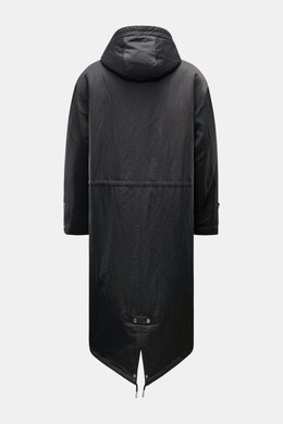 Rückansicht des Ami Paris Parka anthrazit aus wind- und wasserabweisendem Crinkle-Serge, Oversized Fit mit Kapuze und Fishtail.