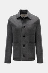 Ami Paris Jacke grau meliert, frontal fotografiert, Slim Fit, Mix aus Schurwolle und Cashmere, weicher Griff, Fünf-Knopf-Leiste, Umlegekragen, aufgesetzte Fronttaschen, Ärmel mit Knopf, ungefüttert, Innentasche, rückwärtige Logo-Prägung.
