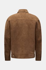 Ami Paris Velourslederjacke hellbraun, Rückansicht, feinstes Veloursleder, weicher Griff, Regular Fit, Druckknopfleiste, Umlegekragen, Brusttaschen, verdeckte Fronttaschen, Ärmel mit Manschette, Taillenriegel, Logo-Patch, ungefüttert, zwei Innentaschen.