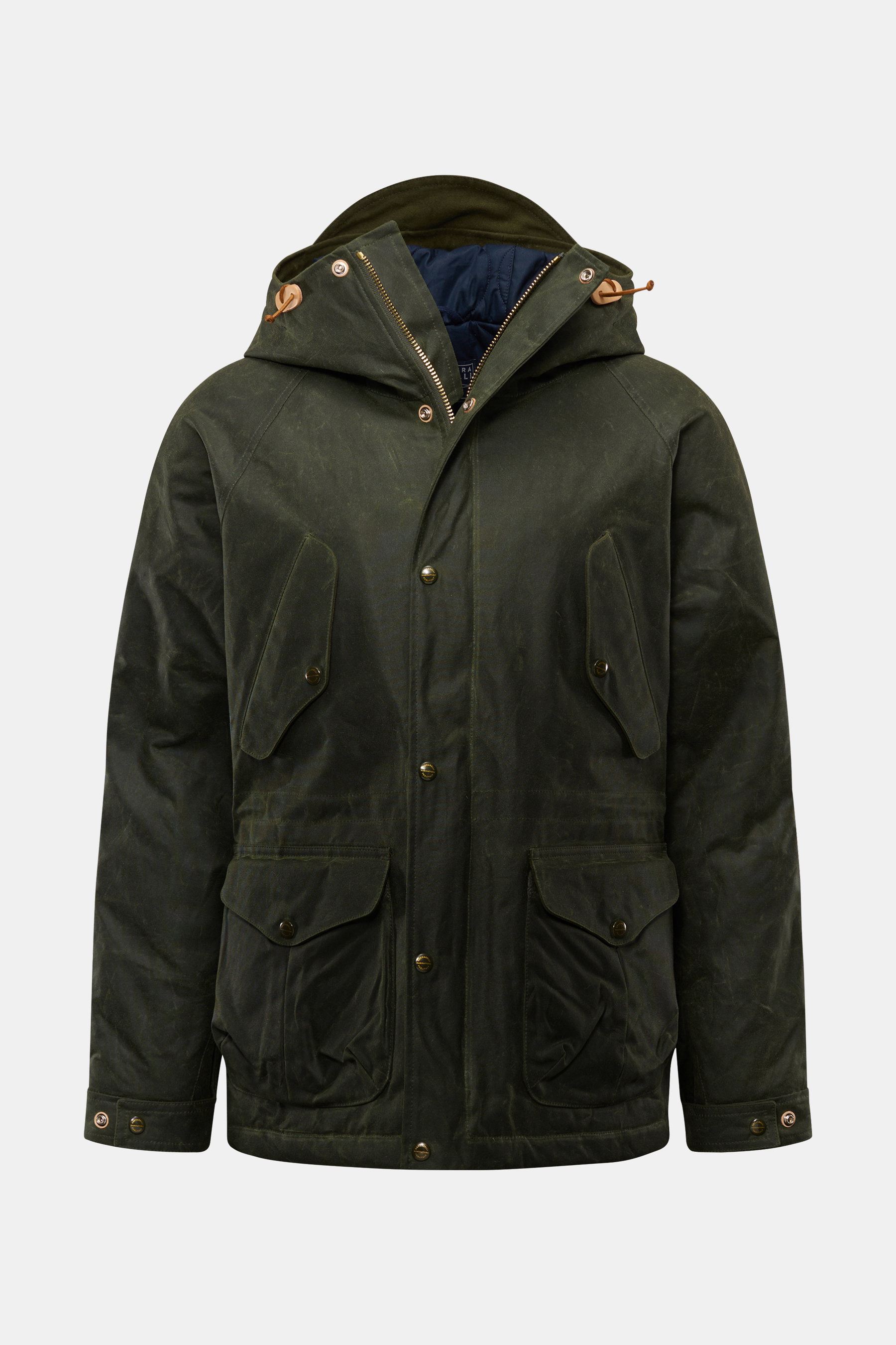 Manifattura Ceccarelli Wachsjacke 'New Fisherman' oliv, frontal, gewachste Baumwolle, Slim Fit, wattiert mit Wolle, Kapuze, Taschen, wind- und wasserabweisend.