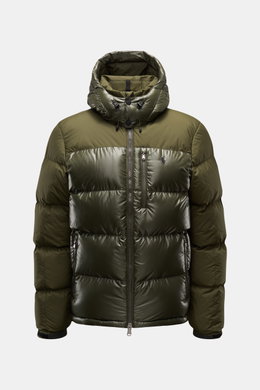 Polo Ralph Lauren Daunenjacke oliv, frontale Ansicht, glänzend und matt kombiniert, mit abnehmbarer Kapuze, Slim Fit, wasserabweisend, Daunenfüllung.