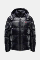 Polo Ralph Lauren Daunenjacke schwarz, Frontansicht, glänzend, wasserabweisend, mit Daunenfüllung, abnehmbarer Kapuze, Zipper-Taschen, Slim Fit, Stehkragen.