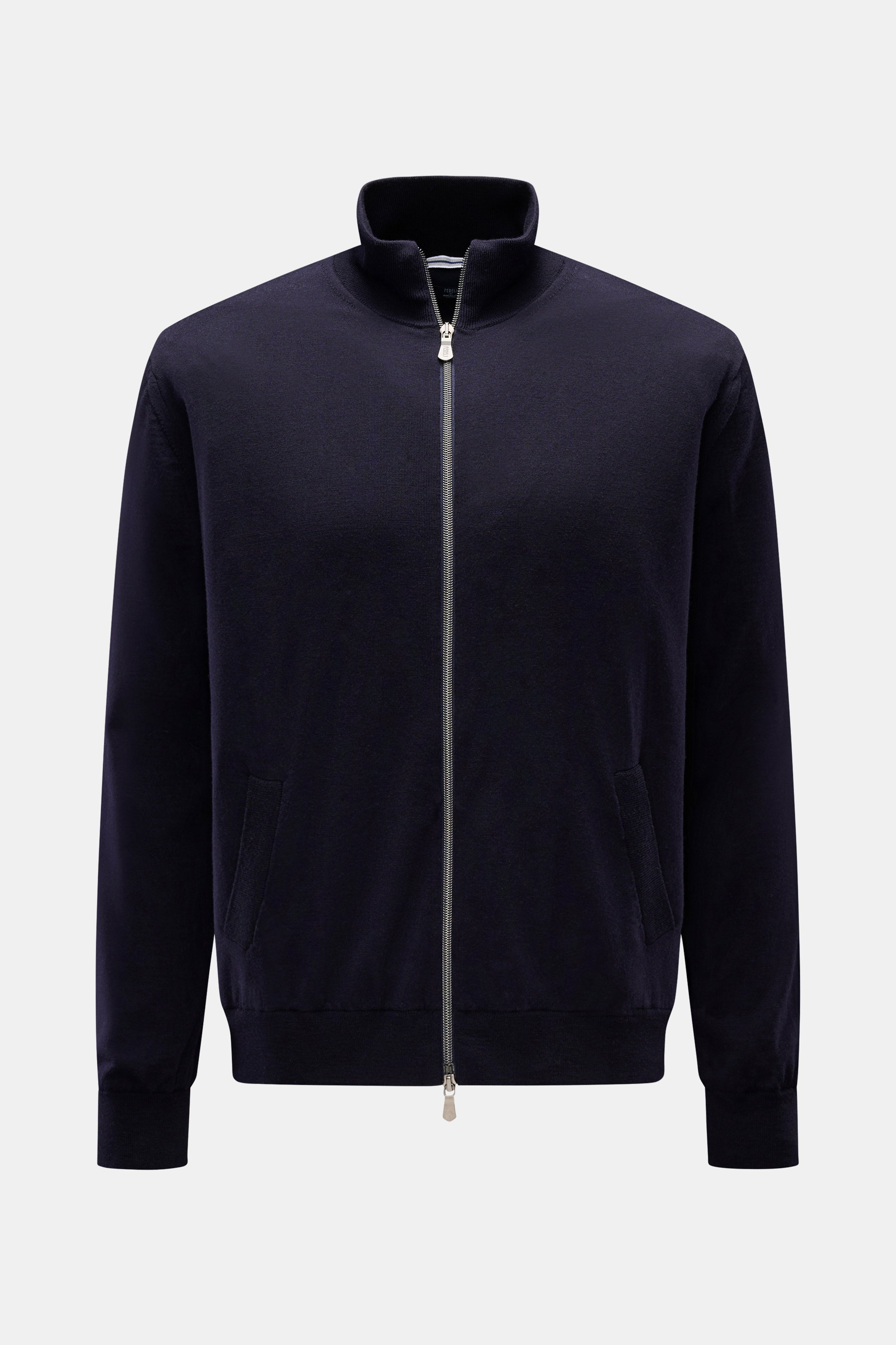 Fedeli Windbreaker Blouson 'Paros' navy, frontale Nahaufnahme, Strick aus reiner Wolle, Microfaserfutter, winddicht, Regular Fit, Reißverschluss, Rippkragen, Taschen.