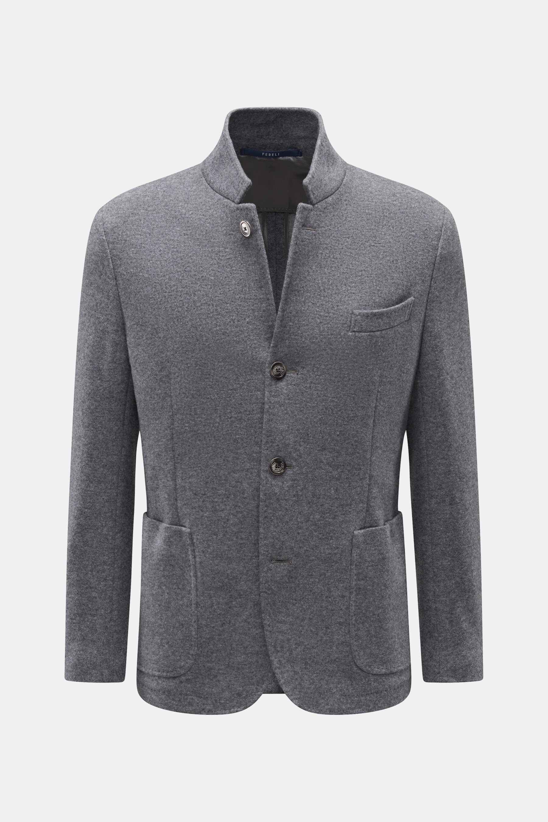 Fedeli Cashmere Jacke grau meliert, frontal fotografiert, Slim Fit, reiner Cashmere, weicher Griff, Stehkragen, Vier-Knopf-Leiste, Brusttasche, Hüfttaschen, Kissing Buttons, Seitenschlitze, halb gefüttert, zwei Innentaschen.
