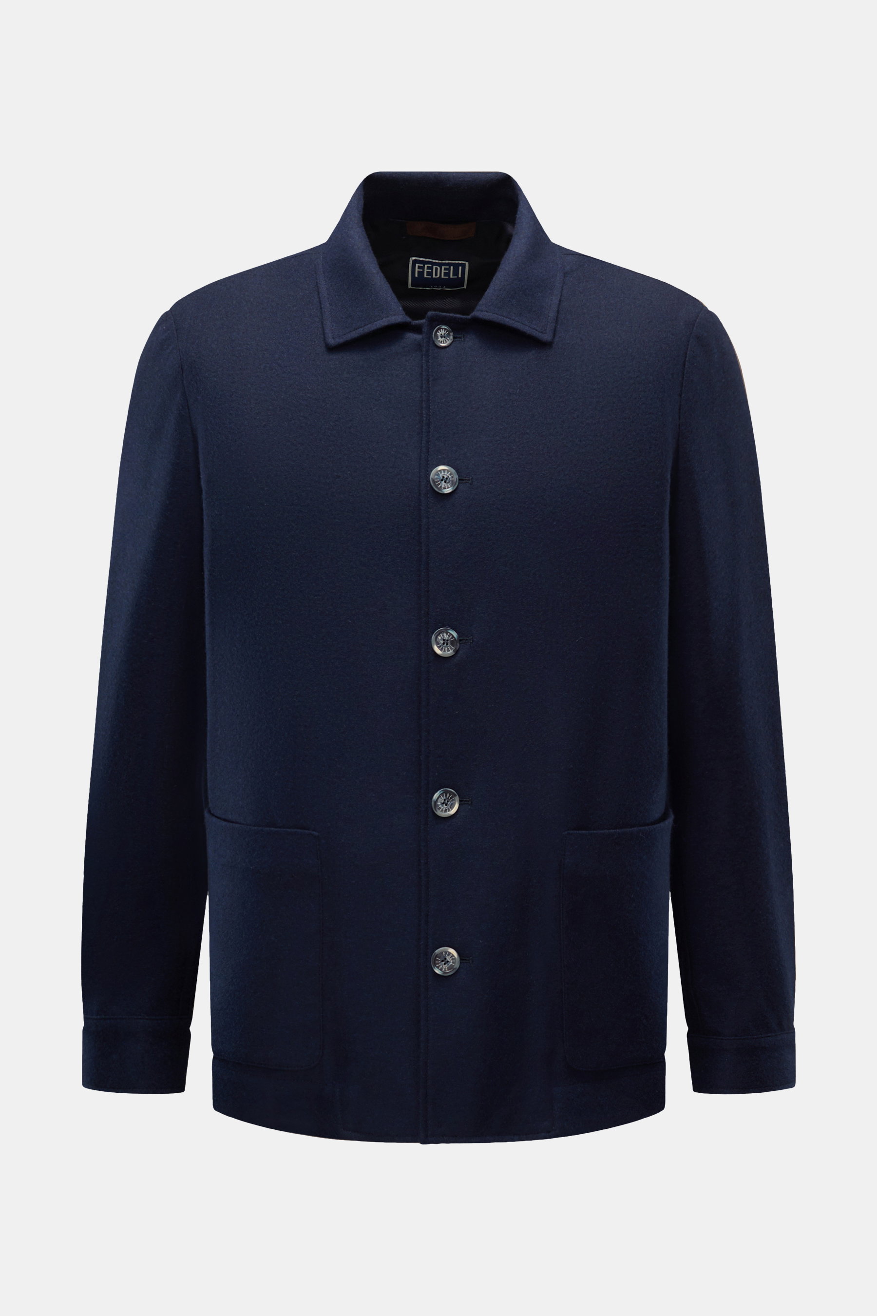 Fedeli Cashmere Flanell-Jacke 'Oxford' navy, frontale Ansicht, kastiger Schnitt, fünf Knöpfe, aufgesetzte Taschen, Veloursleder-Kragenbesatz, Regular Fit.