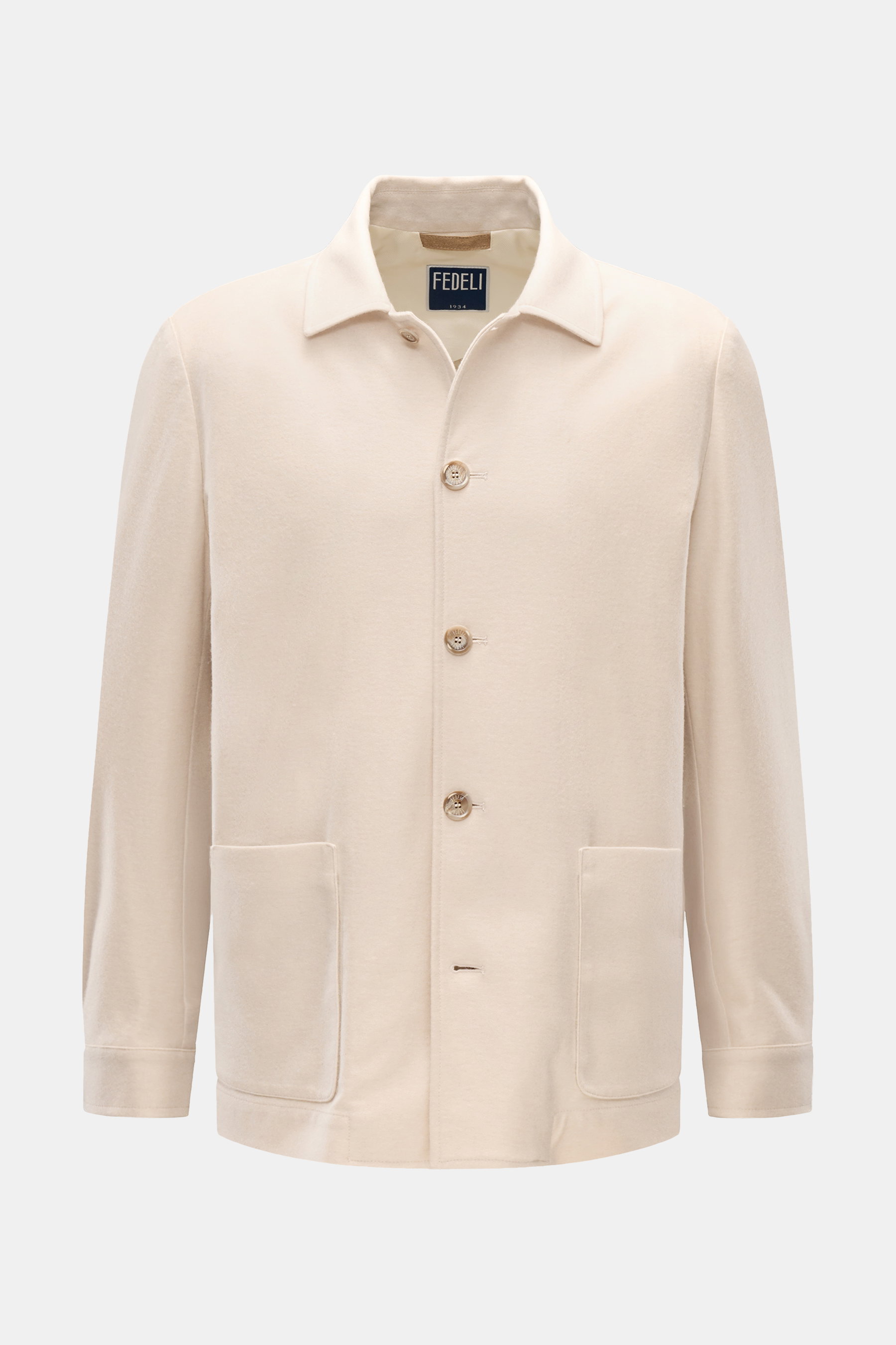 Fedeli Cashmere Flanell-Jacke 'Oxford' sand, Frontfoto, kastiger Schnitt, aufgesetzte Taschen, fünf Knöpfe, variabler Kragen mit Veloursleder, Regular Fit, weicher Griff.
