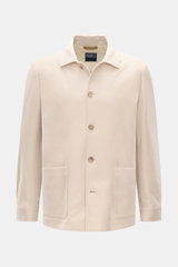 Fedeli Cashmere Flanell-Jacke 'Oxford' sand, Frontfoto, kastiger Schnitt, aufgesetzte Taschen, fünf Knöpfe, variabler Kragen mit Veloursleder, Regular Fit, weicher Griff.