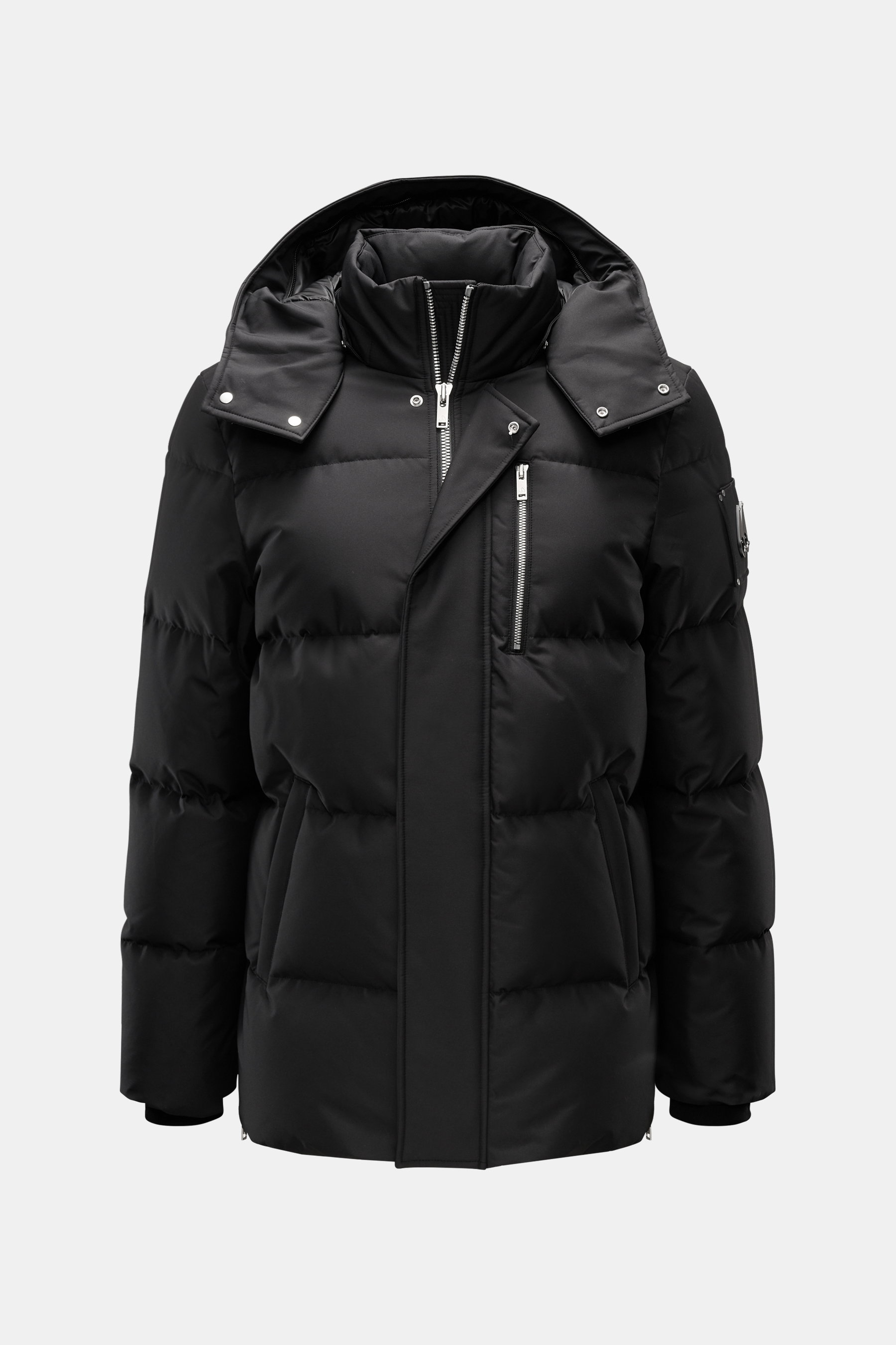 Moose Knuckles Daunenjacke 'Cloud 3Q' schwarz, frontale Ansicht, wind- und wasserabweisend, Slim Fit, Daunenfüllung, abnehmbare Kapuze.