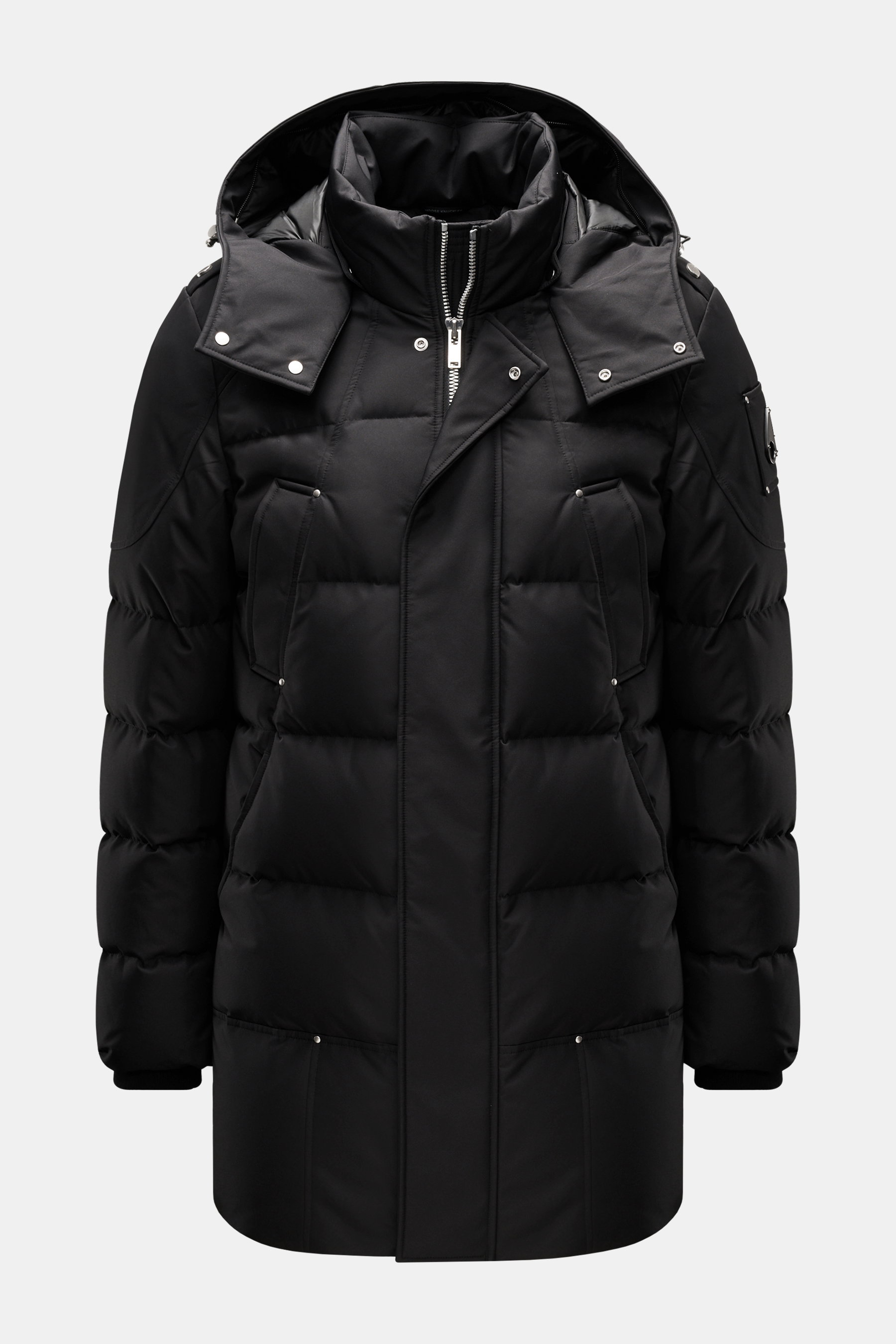 Moose Knuckles Daunenparka "Cloud Parka" schwarz, frontale Ansicht, Slim Fit, wasserabweisend, wärmende Daunen, abnehmbare Kapuze, hochwertige Microfaser.