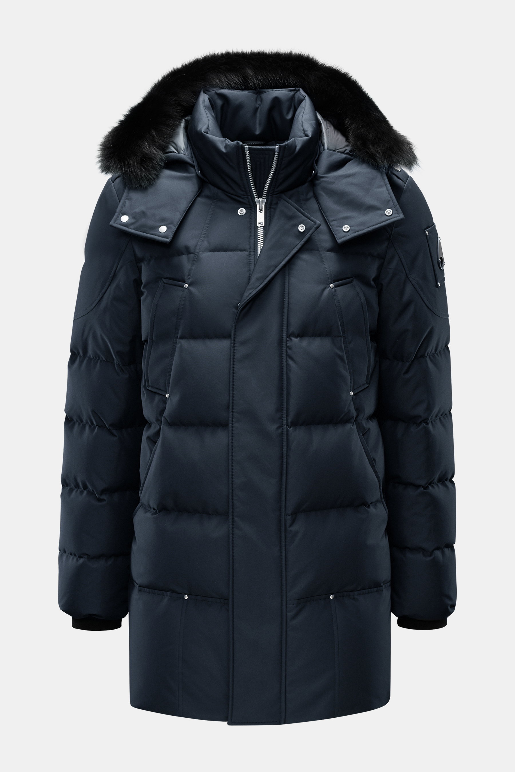 Moose Knuckles Daunenparka 'Cloud Parka Neoshear' navy, frontale Sicht, Slim Fit, wasserabweisend, Daunenfüllung, abnehmbare Kapuze mit Lammfell, winddicht.