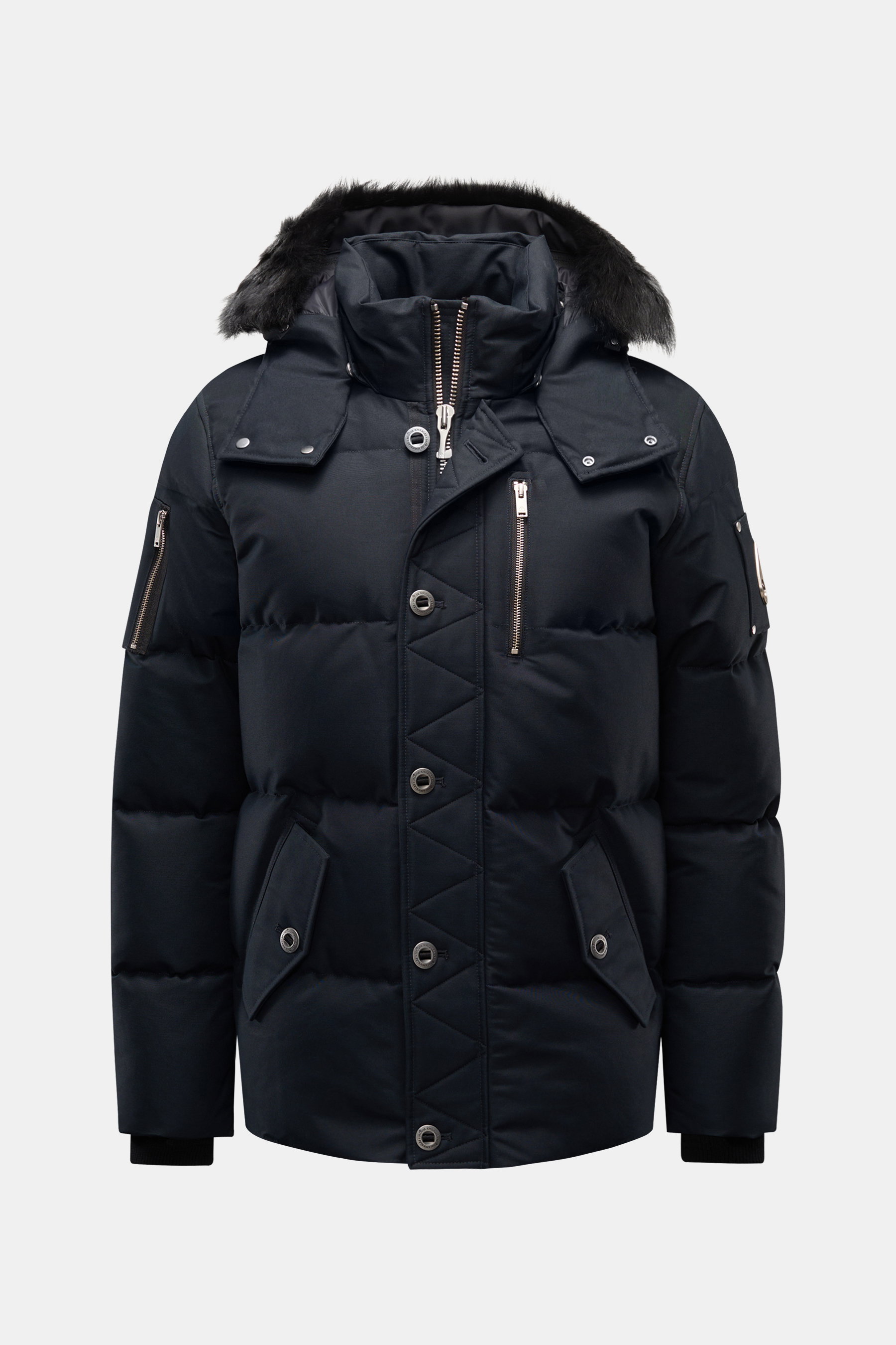 Moose Knuckles Daunenjacke 'Original 3q Neoshear' navy, frontale Ansicht, wind- und wasserabweisend, 90/10 Daunenfüllung, abnehmbare Kapuze, Kragen mit Fellbesatz.