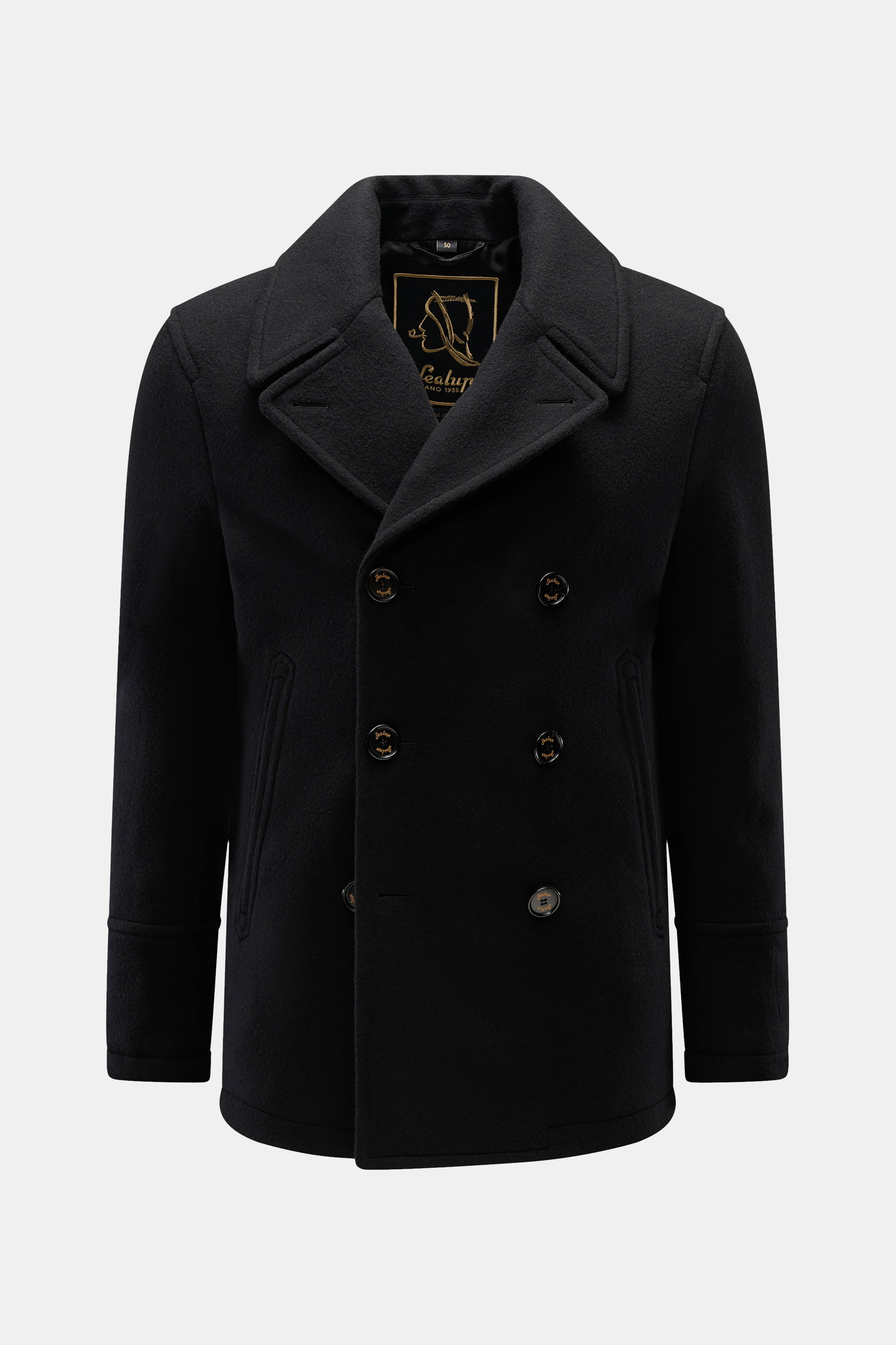 Sealup Cabanjacke 'Amalfi Peacoat' schwarz, frontale Nahaufnahme, weicher Woll-Cashmere-Mix, Slim Fit, breite Reverskragen, zweireihige Drei-Knopf-Leiste, schräge Leistentaschen, Metall-Logo, leichte Wattierung.