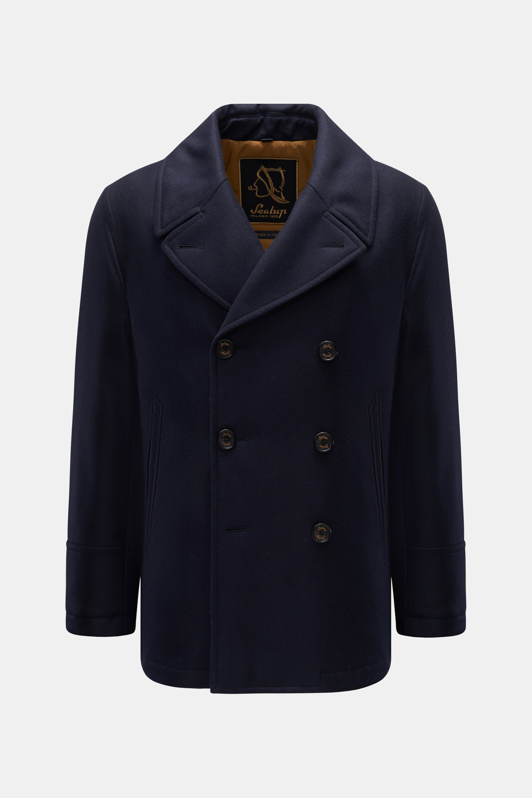 Frontal fotografierte Sealup Cabanjacke 'Amalfi Graphene Peacoat' navy aus reiner Wolle mit winddichtem, wasserabweisendem Steppfutter, Slim Fit und breitem Reverskragen.
