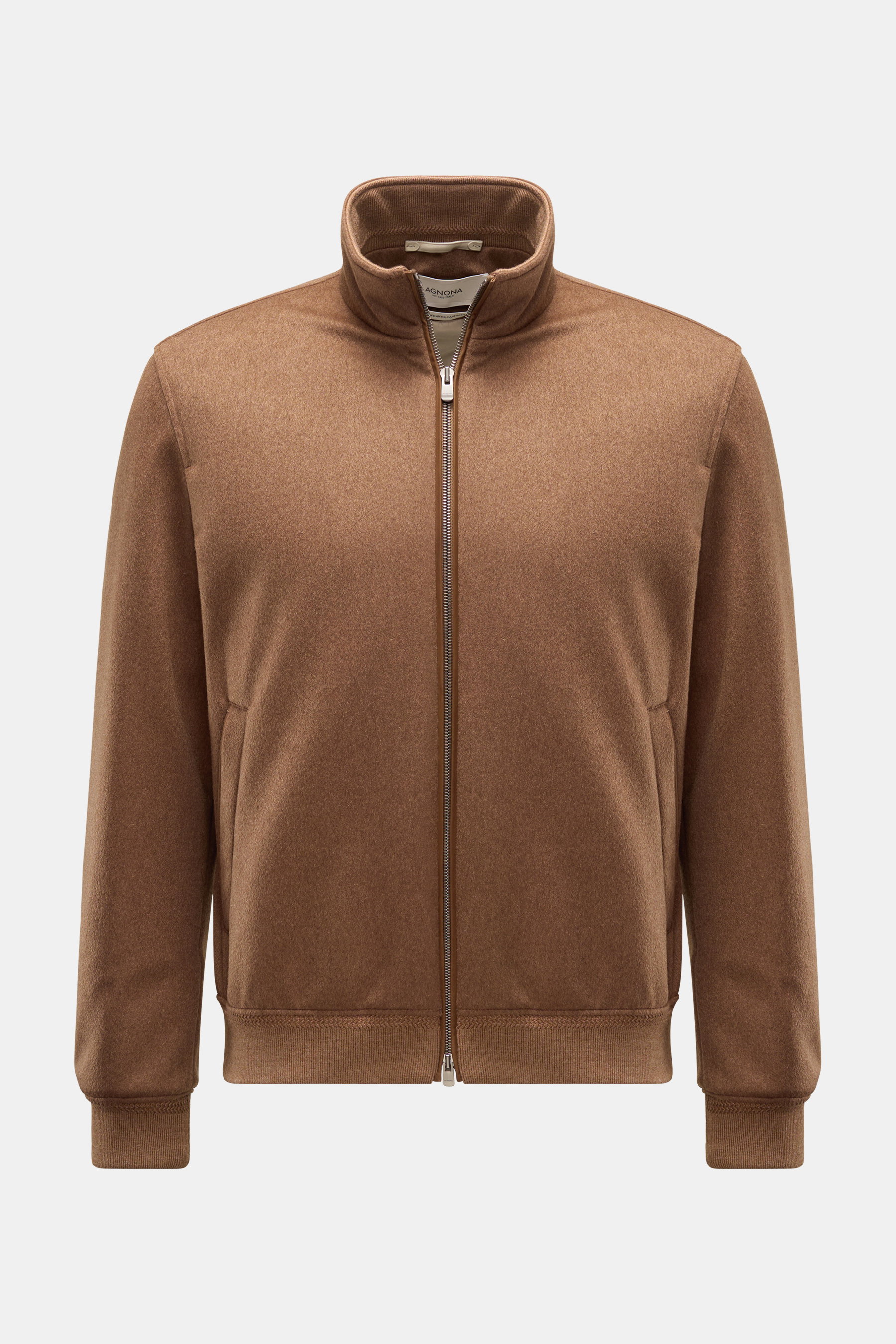Agnona Cashmere Blouson braun, frontale Ansicht, Regular Fit, reiner Cashmere, Stehkragen, Zwei-Wege-Reißverschluss, paspelierte Taschen, elastische Bündchen.