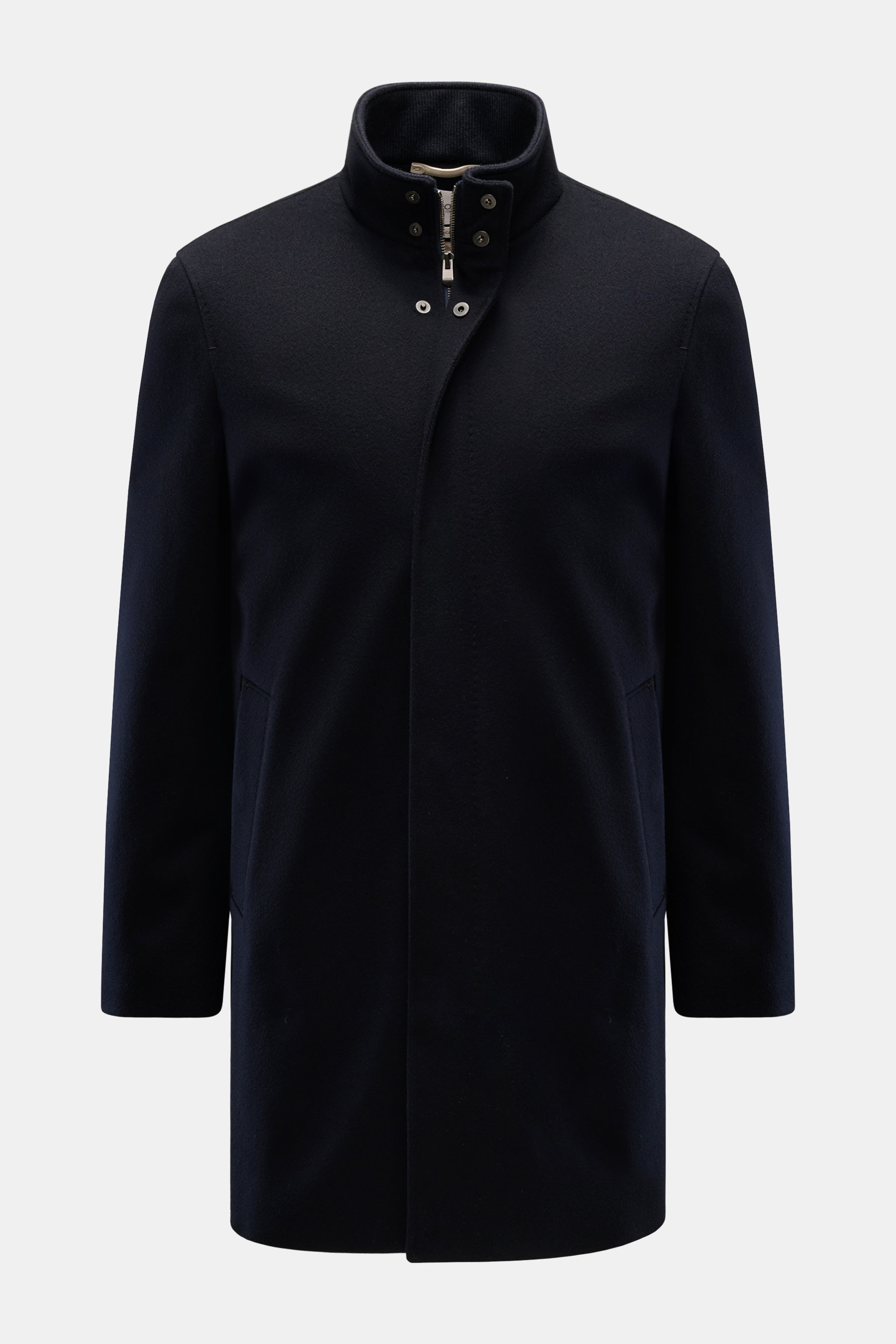 Agnona Cashmere Jacke navy frontal fotografiert mit Stehkragen, Slim Fit, Fünf-Knopf-Leiste, zwei schrägen Taschen, leichter Microfaser-Wattierung.