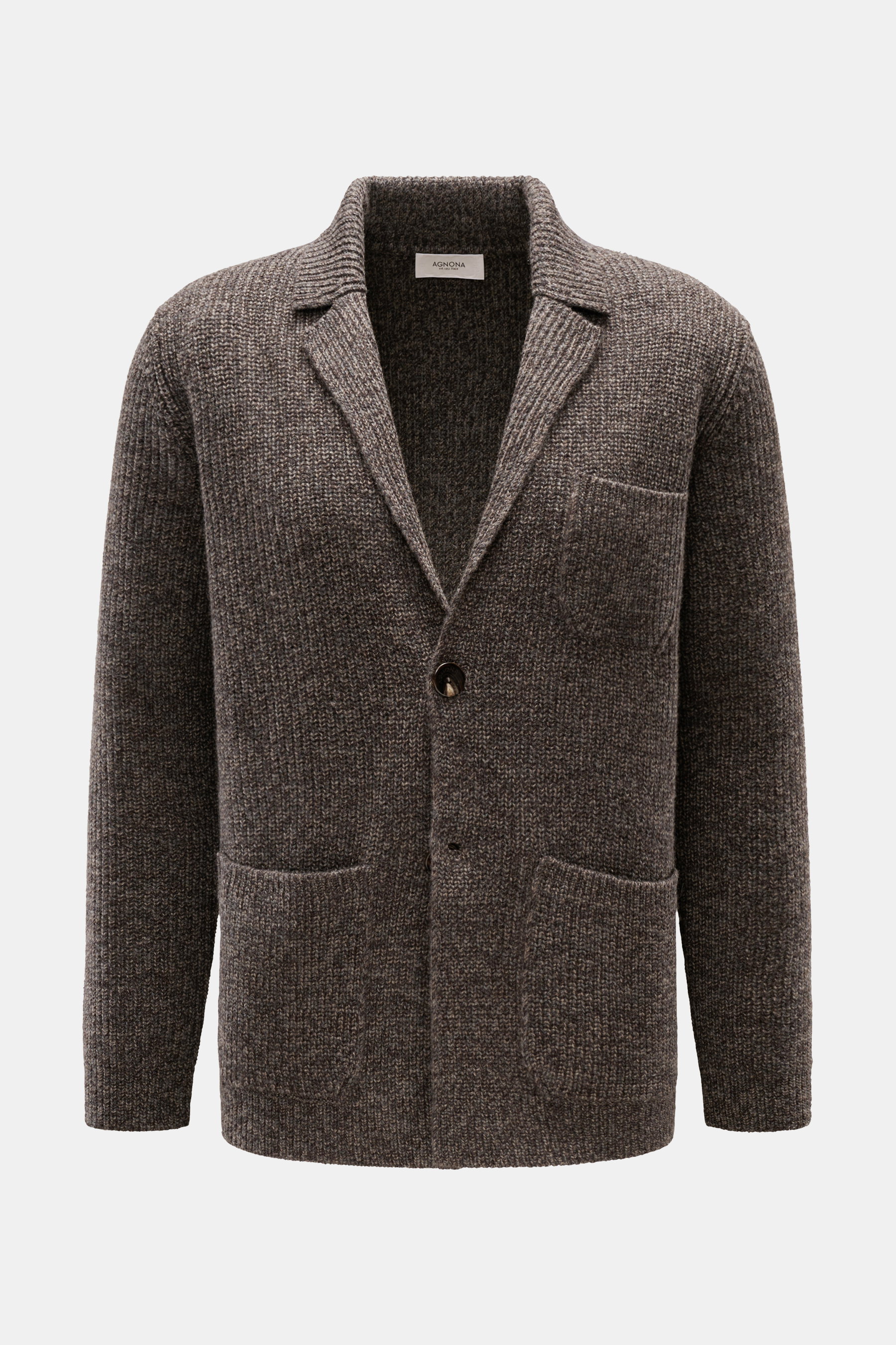Agnona Cashmere Cardigan graubraun meliert, frontal fotografiert mit Reverskragen, zwei Knöpfen, Brust- und Hüfttaschen, grobem Patentstrick und weich aus 100% Cashmere.