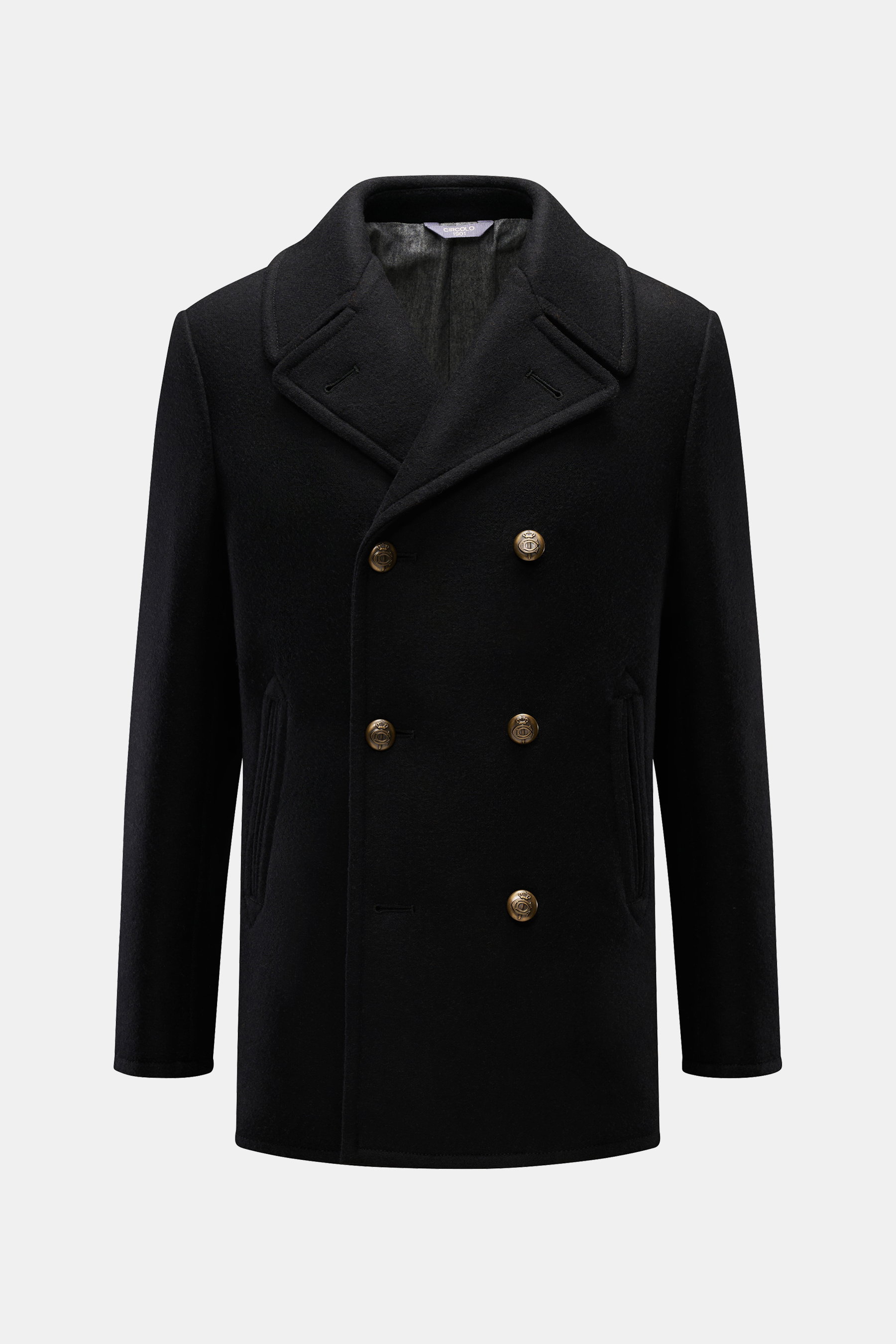 Circolo 1901 Cabanjacke schwarz, frontal fotografiert, Slim Fit, Woll-Microfaser-Mix, zweireihige Knopfleiste, breiter Reverskragen, paspelierte Taschen.
