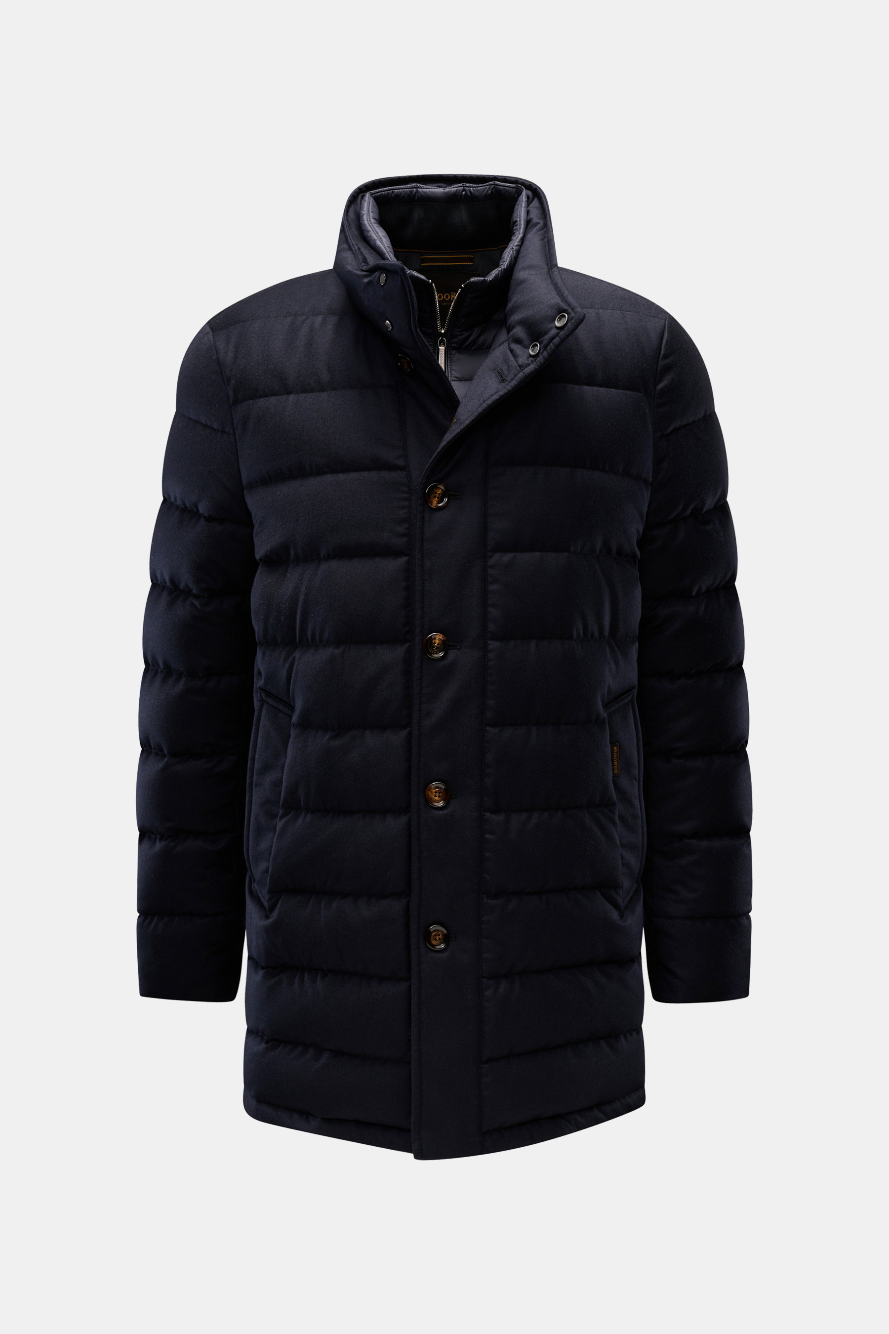 Moorer Daunenjacke 'Calegari' navy, frontale Aufnahme, wasserabweisend, Schurwoll-Mix, Gänsedaunen-Füllung, Slim Fit, Stehkragen, fünf Knöpfe, schräge Taschen.