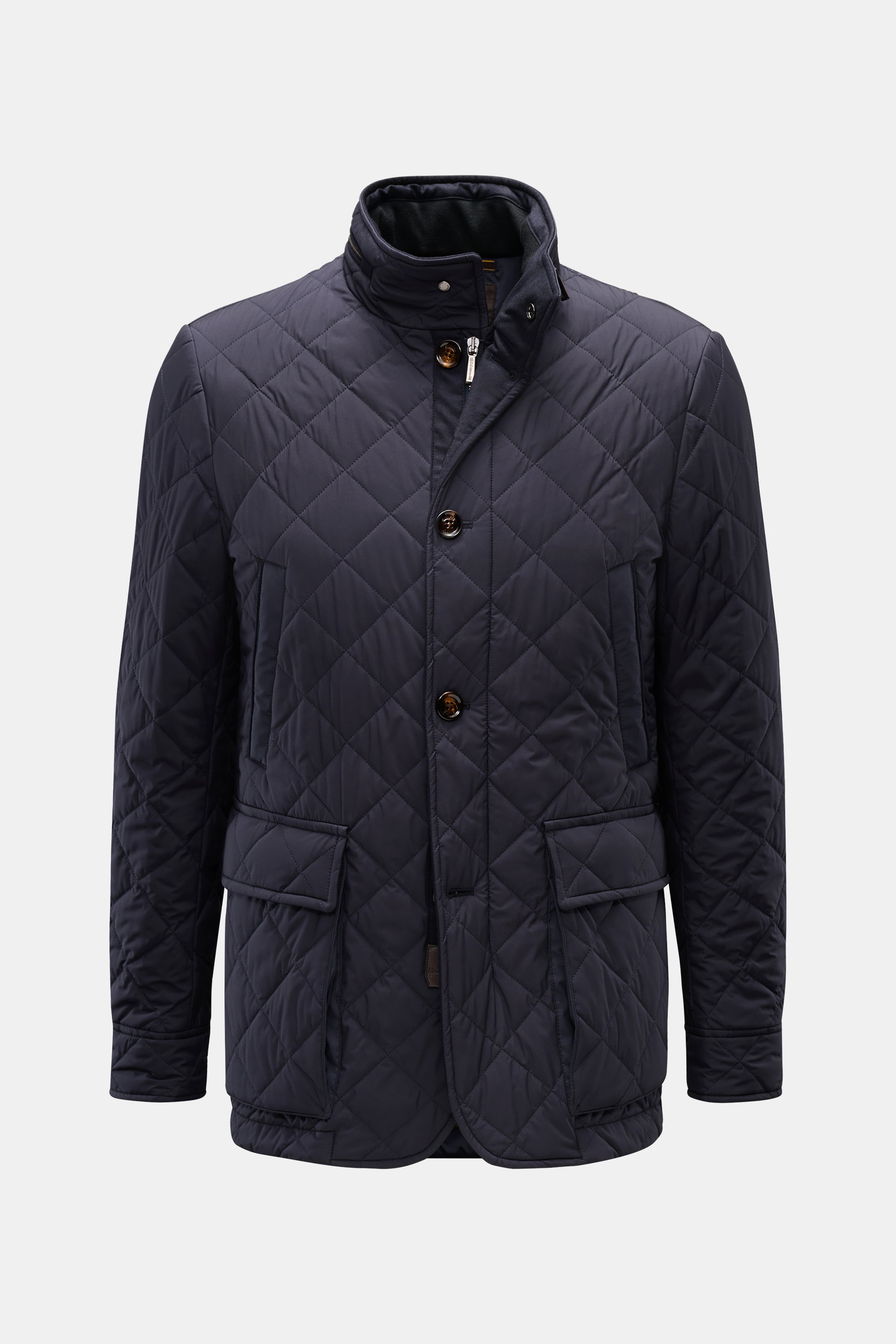 Moorer Steppjacke 'Kesten' navy, Slim Fit, Frontansicht, leichte Wattierung, Microfaser, wind- und wasserabweisend, Stehkragen mit Kapuze, Taschen, Knopf-Ärmelabschlüsse.