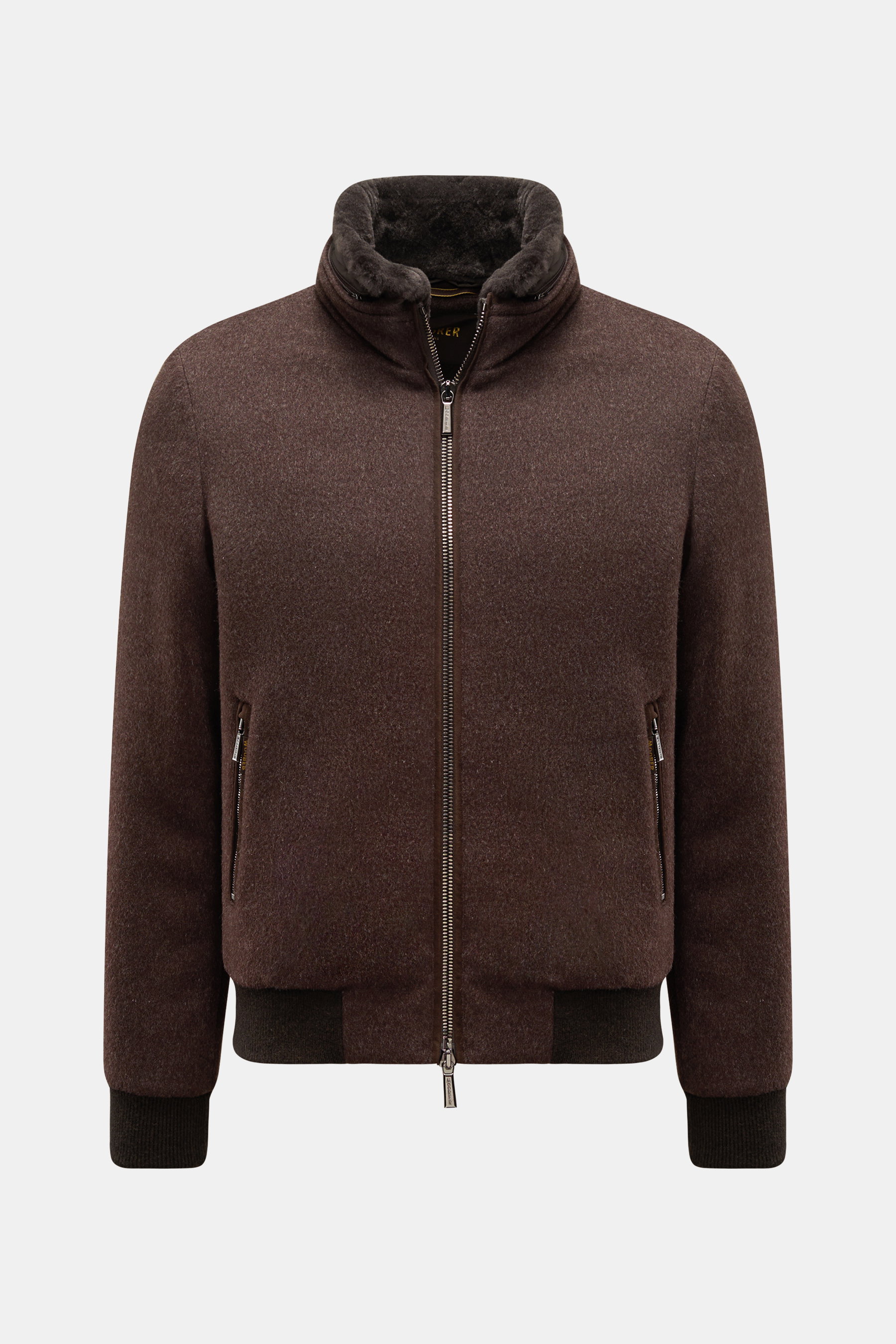 Moorer Daunenblouson 'Bellati' dunkelbraun, frontale Ansicht, Slim Fit, Wolle/Cashmere, gestrickte Außenseite, Daunenfüllung, Zipper-Taschen, Stehkragen mit abnehmbarem Lammfell.