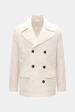 Frontansicht der 04651/ A trip in a bag Cord-Cabanjacke creme aus voluminösem Breitcord, Slim Fit, mit breitem Reverskragen und zwei Knopfreihen.
