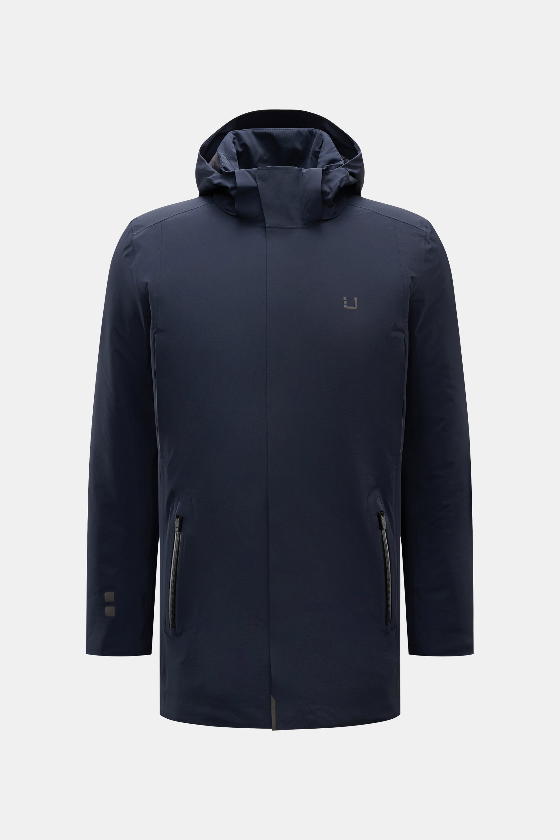 UBR Parka 'Regulator' navy, frontale Aufnahme, Slim Fit, wasserdicht, ultraleicht, mit abnehmbarer Kapuze, Primaloft-Wattierung, zwei Reißverschlusstaschen.