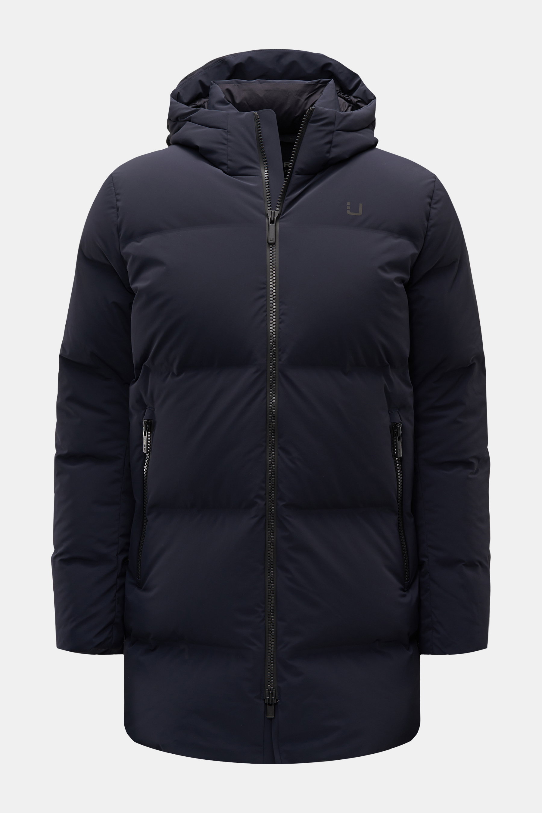 UBR Daunenjacke 'Titan' dark navy, frontale Aufnahme, gesteppte, wasserdichte Microfaser mit Daunenfüllung, Kapuze, Reißverschlusstaschen, atmungsaktiv, Regular Fit.