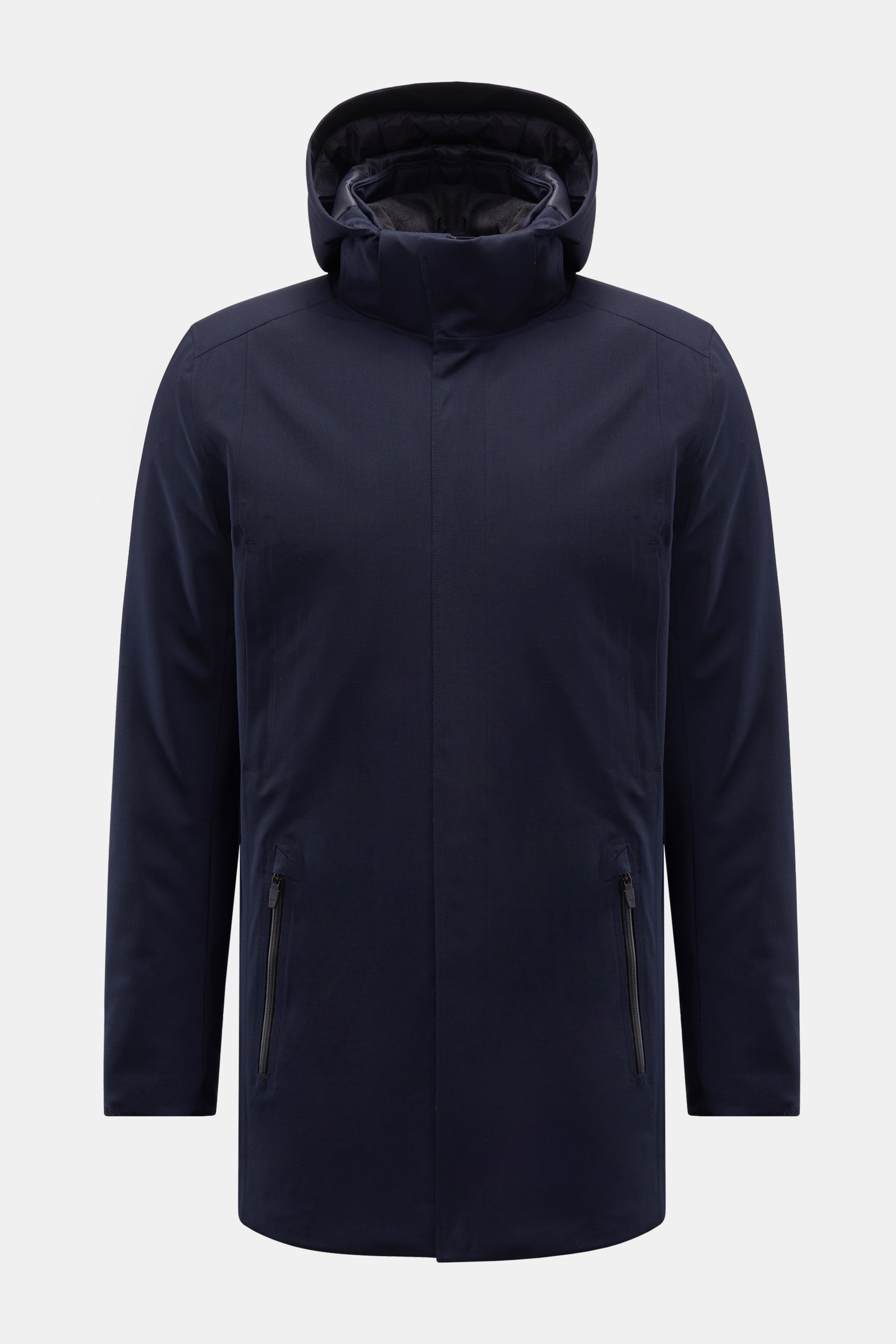 UBR Parka 'Regulator Parka Savile' navy, frontal ausgeleuchtet, Slim Fit, Merinowolle, wasserdicht, Kapuze, Primaloft wattiert, getapte Nähte, Zwei-Wege-Reißverschluss.