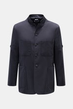 Thom Browne Jacke navy, frontale Ansicht, Slim Fit Outdoor-Jacke aus reiner Baumwolle mit variablen Kragen, Vier-Knopf-Leiste, vier Fronttaschen.