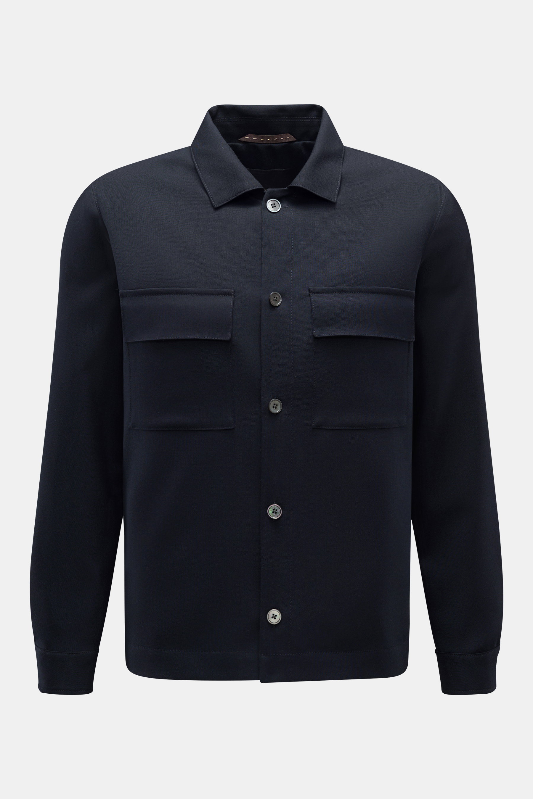 Windsor Jacke 'Lavoro' navy, frontale Ansicht, ungefüttert aus reiner Schurwolle, Regular Fit, Aufgesetzte Brusttaschen mit Patte, Fünf-Knopf-Leiste, Umlegekragen, leichte Qualität.