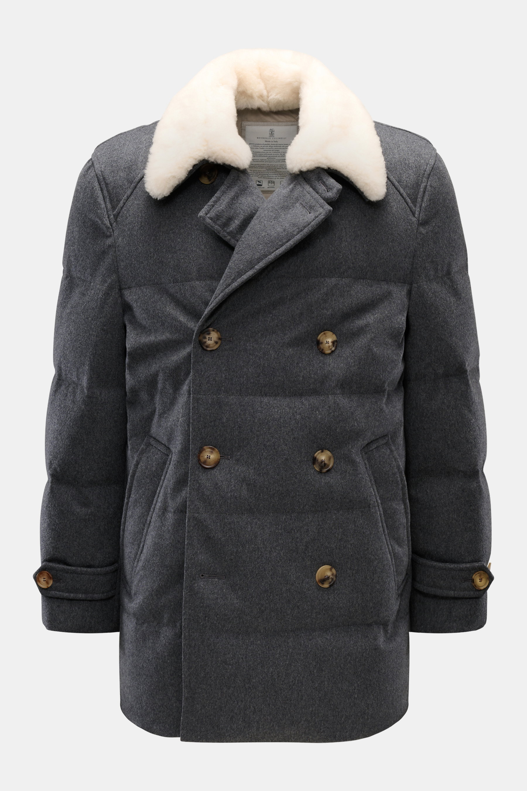 Brunello Cucinelli Daunenjacke dunkelgrau meliert, frontale Nahaufnahme, zweireihig, variabler Kragen mit weißem Schaffell, Daunenfüllung, Wollstoff, wind- und wasserabweisend.