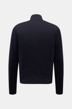 Moorer Daunen-Strickjacke 'Duncan' navy, Rückansicht, weicher Strick aus Wolle, Seide, Cashmere, leichte Daunen-Steppfront, Slim Fit, Stehkragen, Rippbündchen.