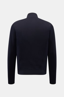 Moorer Daunen-Strickjacke 'Duncan' navy, Rückansicht, weicher Strick aus Wolle, Seide, Cashmere, leichte Daunen-Steppfront, Slim Fit, Stehkragen, Rippbündchen.