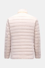 Back view of the Moorer Down jacket 'Zavyer' beige mottled, an elegant quilted slim fit jacket with pure linen, lightweight down lining, leather collar detail, two-way zip, storm flap, classic breast and hip pockets, smooth lining, and inside pockets, pho