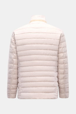 Back view of the Moorer Down jacket 'Zavyer' beige mottled, an elegant quilted slim fit jacket with pure linen, lightweight down lining, leather collar detail, two-way zip, storm flap, classic breast and hip pockets, smooth lining, and inside pockets, pho