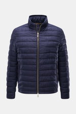 Front view of Moorer Down jacket 'Alec' navy melange, an elegant quilted pure linen jacket with soft feel, classic topstitch, lightweight down lining, concealed hood in collar, slim fit, two-way zip, zipped hip pockets, smooth lining, and one inside pocke