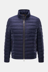 Front view of Moorer Down jacket 'Alec' navy melange, an elegant quilted pure linen jacket with soft feel, classic topstitch, lightweight down lining, concealed hood in collar, slim fit, two-way zip, zipped hip pockets, smooth lining, and one inside pocke