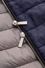 Close-up top-down view of the Moorer Down jacket 'Alec' navy melange showing silver branded zippers on navy quilted pure linen with lightweight down lining, soft feel, classic topstitch, concealed hood in collar, slim fit, two-way zip, zipped hip pockets,