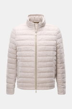 Front view of the Moorer Down jacket 'Alec' beige melange, an elegant quilted pure linen jacket with a soft feel, classic topstitch, slim fit, lightweight down lining, concealed hood in collar, two-way zip, zipped hip pockets, smooth lining, and one insid
