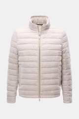 Front view of the Moorer Down jacket 'Alec' beige melange, an elegant quilted pure linen jacket with a soft feel, classic topstitch, slim fit, lightweight down lining, concealed hood in collar, two-way zip, zipped hip pockets, smooth lining, and one insid