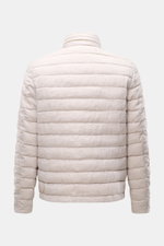 Rear view of Moorer Down jacket 'Alec' beige melange, an elegant quilted jacket with pure linen, soft feel, classic topstitch, lightweight down lining, concealed hood in collar, slim fit, two-way zip, zipped hip pockets, smooth lining, and one inside pock