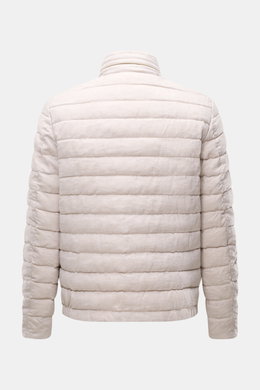Rear view of Moorer Down jacket 'Alec' beige melange, an elegant quilted jacket with pure linen, soft feel, classic topstitch, lightweight down lining, concealed hood in collar, slim fit, two-way zip, zipped hip pockets, smooth lining, and one inside pock