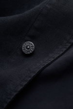 Nahaufnahme der verdeckten Knopfleiste und des tonalen Druckknopfs der Stone Island Jacke 'Ghost Piece' navy aus Leinen-Mix.