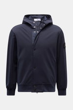 Stone Island Blouson 'Light Soft Shell-R' navy shown front view with hood, slim fit, wind and water repellent soft shell fabric.