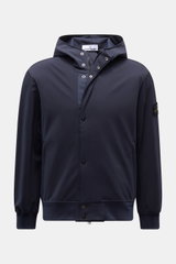 Stone Island Blouson 'Light Soft Shell-R' navy shown front view with hood, slim fit, wind and water repellent soft shell fabric.
