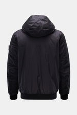 Rear view of Stone Island Jacket 'Garment Dyed Crinkle Reps NY' dark navy, lightweight microfibre with padded hood and elastic cuffs.