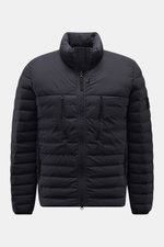 Stone Island Daunenjacke 'Seamless Tunnel Nylon Down-TC' dark navy shown from the front, featuring a high collar, slim fit, lightweight water-repellent microfiber with light duck down filling, zippered pockets, elastic cuffs, garment-dyed fabric, and the 